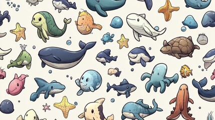 Seamless pattern of adorable cartoon whales, sharks, fish, and starfish swimming underwater, creating a cheerful and vibrant design