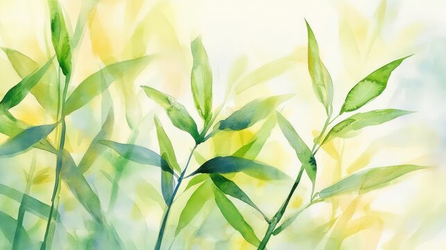 Fototapeta Green bamboo stalks with leaves in a watercolor style, natural detail and vibrant green hues, ideal for botanical themes and eco-friendly design projects.