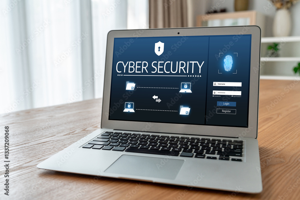 Poster cyber security system on computer screen protect private information snugly from hacker and cyber at