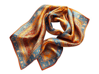 A luxurious silk scarf with intricate patterns in orange, blue, and red isolated on a transparent background
