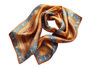 A luxurious silk scarf with intricate patterns in orange, blue, and red isolated on a transparent background