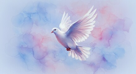 Fototapeta premium Serene White Dove in Flight Watercolor Painting Pastel Sky Background Spiritual Peace Symbol