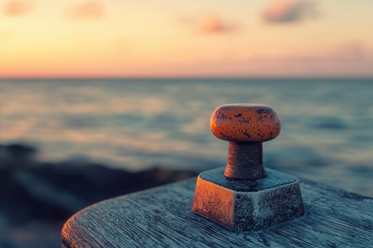 Rustic orange bollard at sunset overlooking a calm sea.