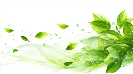 Set of abstract fresh air swirls with green leaves and sparkles isolated on transparent background. Vector realistic illustration of wind vortex with flying mint, tea foliage. Freshness design element