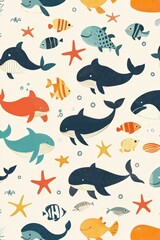 Seamless pattern of adorable cartoon whales, sharks, fish, and starfish swimming underwater, creating a cheerful and vibrant design