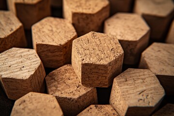 Close-up of many hexagonal cork pieces