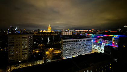 View of the Soviet buildings of Moscow against the backdrop of the tower of the Hotel "Ukraine"