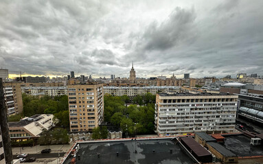 View of the Soviet buildings of Moscow against the backdrop of the tower of the Hotel "Ukraine"