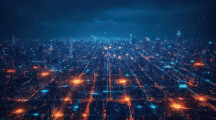 Fototapeta premium Futuristic city skyline at night, digital overlay, aerial view, possible use for technology, sci-fi background