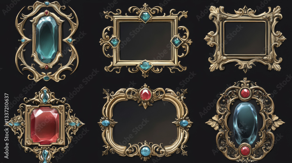 Poster empty circle silver and gold frames in medieval style for game ui design. vector cartoon set of user
