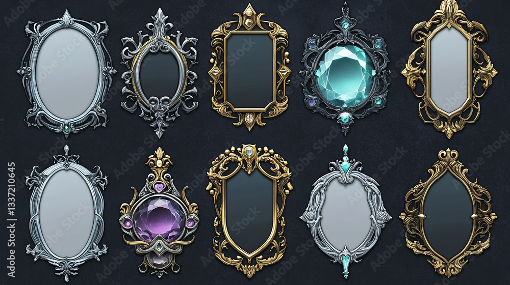 Poster empty circle silver and gold frames in medieval style for game ui design. vector cartoon set of user