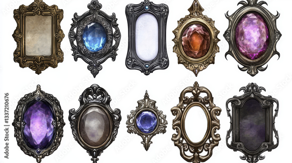 Poster empty circle silver and gold frames in medieval style for game ui design. vector cartoon set of user