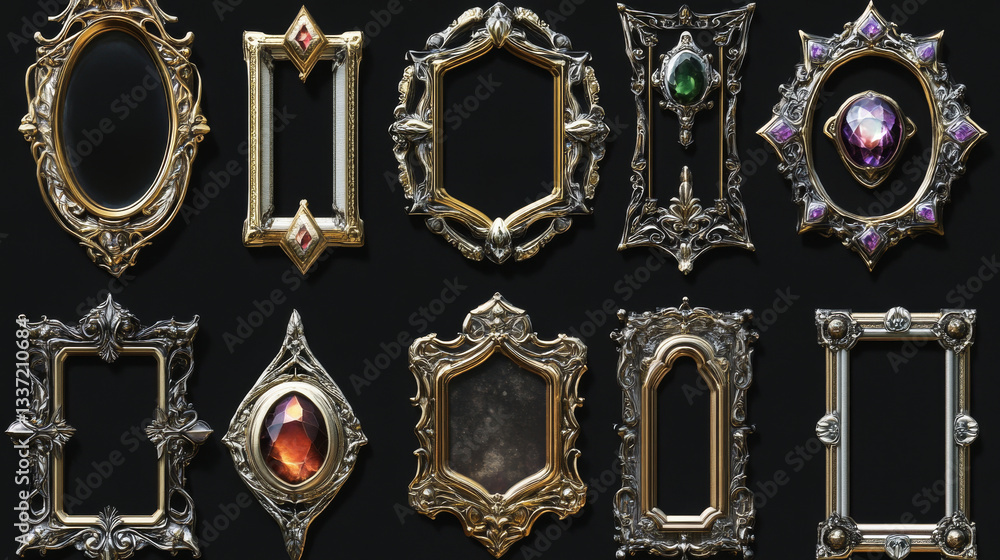 Aufkleber empty circle silver and gold frames in medieval style for game ui design. vector cartoon set of user