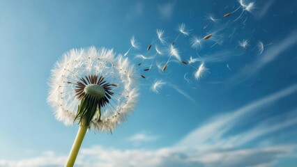 Dandelion seeds drifting in the breeze under a clear blue sky