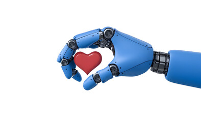 Blue Robotic hand holding heart isolated on white background