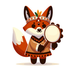 Fototapeta premium Native American fox character with drum in traditional outfit. Vector illustration for cultural education, ethnic celebration designs, or folk music themes.