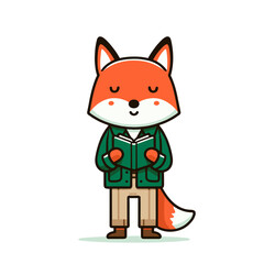 Pensive fox character in green jacket with heart patches. Vector illustration for casual fashion, thoughtful moments, or children's story protagonist.