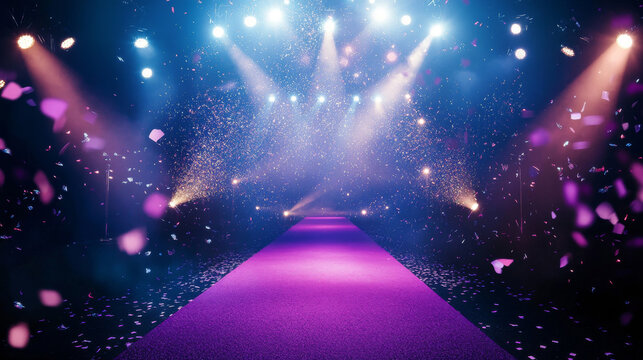 Concert stage stairs with spotlights and confetti. Vector realistic illustration of vip path to award ceremony decorated with purple carpet, bright illumination, shimmering particles flying in air