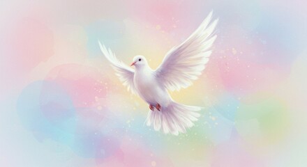 Fototapeta premium Serene White Dove in Flight Pastel Rainbow Background Spiritual Peace Image