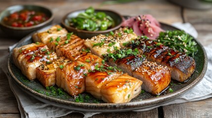 Grilled fish assortment with various sauces and sides