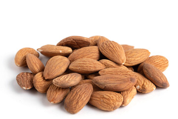 Almond nuts isolated on white background closeup. Healthy food.