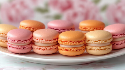 Fototapeta premium Assorted pastel macarons on a white plate with floral background