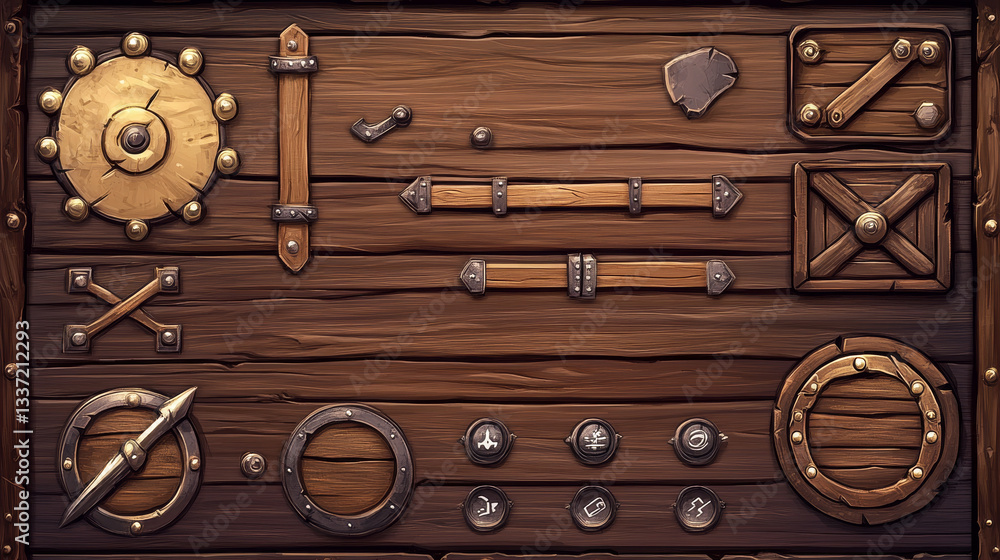 Poster wood pirate ui game frame and board button vector. wooden texture menu interface with arrow, panel a