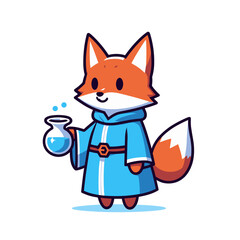 Obraz premium Wizard fox character in blue robe holding magic potion. Vector illustration for fantasy stories, magical concepts, or mystical educational themes.