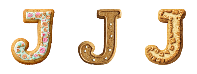 letter J shaped cookies with various designs isolated on transparent background, PNG format, cut out