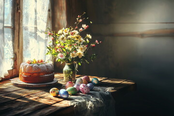 still life with easter eggs and cake