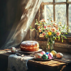 still life with easter eggs and cake