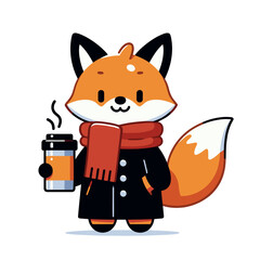 Vector cartoon fox in black coat with red scarf holding coffee cup. Perfect for autumn fashion, coffee shop promotions, or cozy winter lifestyle content.