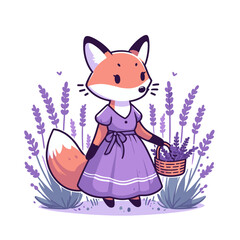 Cartoon fox in purple dress with lavender basket. Perfect vector illustration for garden themes, herbal concepts, or countryside character designs.