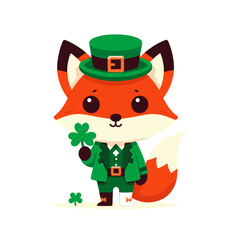 Vector cartoon fox as leprechaun with shamrock and green hat. Perfect for St. Patrick's Day celebrations, Irish themes, or lucky charm concepts.