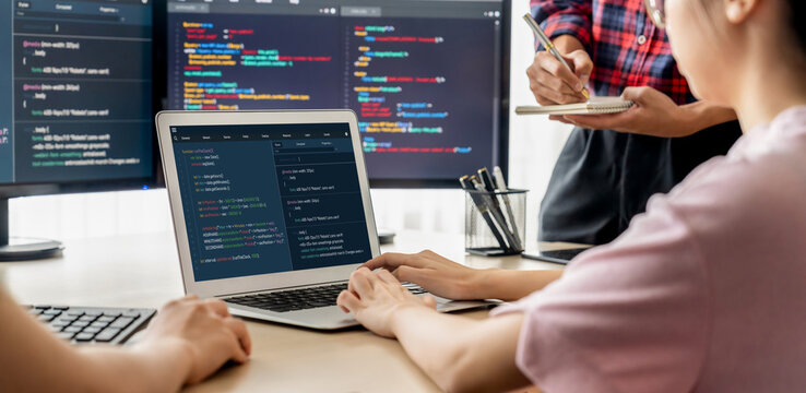 Software development programming on computer screen for brisk application and program coding