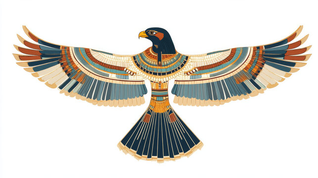 Ancient Egypt sacred bird falcon cartoon vector isolated on white background. Egyptian culture religious symbol, hawk figure, embodiment of great sun god Ra or Horus in pharaoh headdress