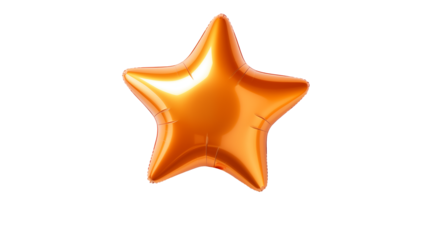 A shimmering orange star shaped balloon isolated against a stark black background in studio lightisolated on transparent background	