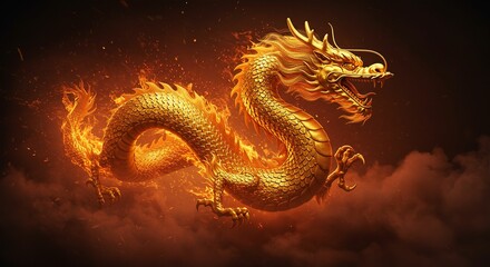 Fototapeta premium Chinese New Year 3d dragon fire invitation sign featuring gold calligraphy, a dragon silhouette, and a contemporary red gradient background. 