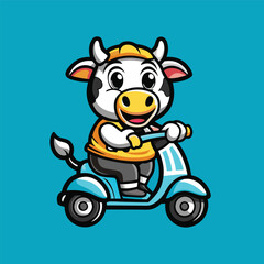 Adorable Cartoon Cow Riding Scooter Logo Mascot Character