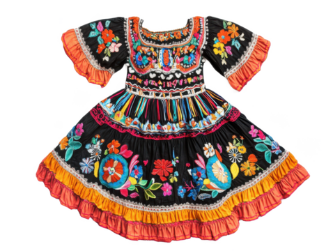 A vibrant black dress with colorful floral embroidery and ruffled orange trim isolated on a transparent background