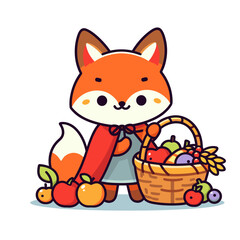 Obraz premium Vector cartoon fox in apron with fruit and vegetable basket. Perfect for farmers markets, healthy eating promotions, or harvest festival illustrations.