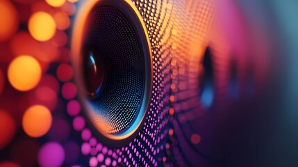 Close-up of an audio speaker with colorful sound waves, creating an energetic abstract background, ideal for music promotions and visuals, stylized comic book illustration