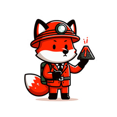 Volcanologist fox in red safety gear with warning triangle. Vector illustration for geological research, disaster prevention, or scientific exploration concepts.