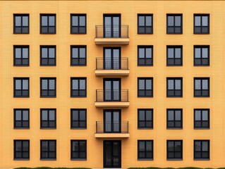 Fototapeta premium Modern apartment building with yellow facade and black windows in urban setting