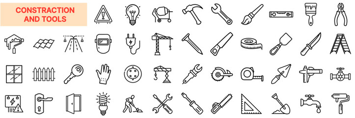 Construction and Tools Line Icons – Building, Engineering, Hand Tools, Power Tools, Safety Equipment, Home Renovation, Architecture, Repair, Workshop, Industrial Icons Set