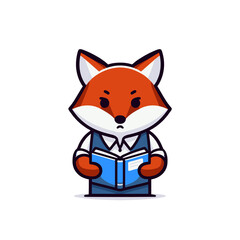 Obraz premium Studious fox character in blue outfit reading book. Vector illustration for education themes, library services, or knowledge acquisition concepts.