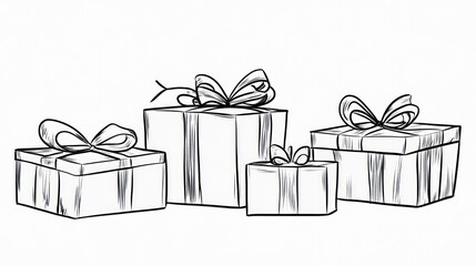 Four gift boxes arranged in a row.  Hand-drawn sketch style with ribbons and bows