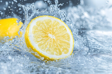 Halved lemon splashing in water