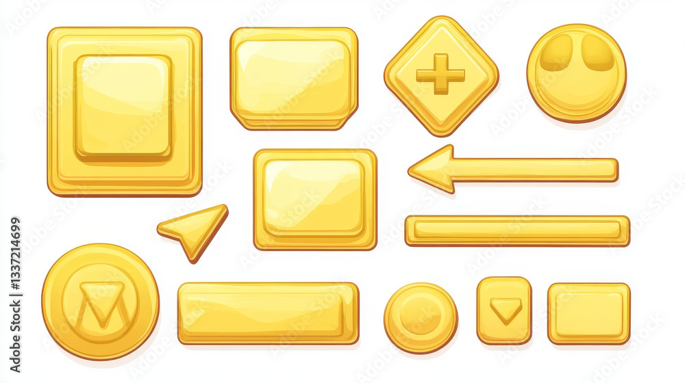 Poster melted cheese buttons, cartoon set for game ui design. vector illustration kit of yellow round, squa