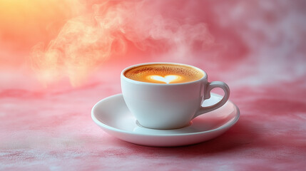 Fototapeta premium Cup of coffee with heart-shaped latte art on a soft pink background